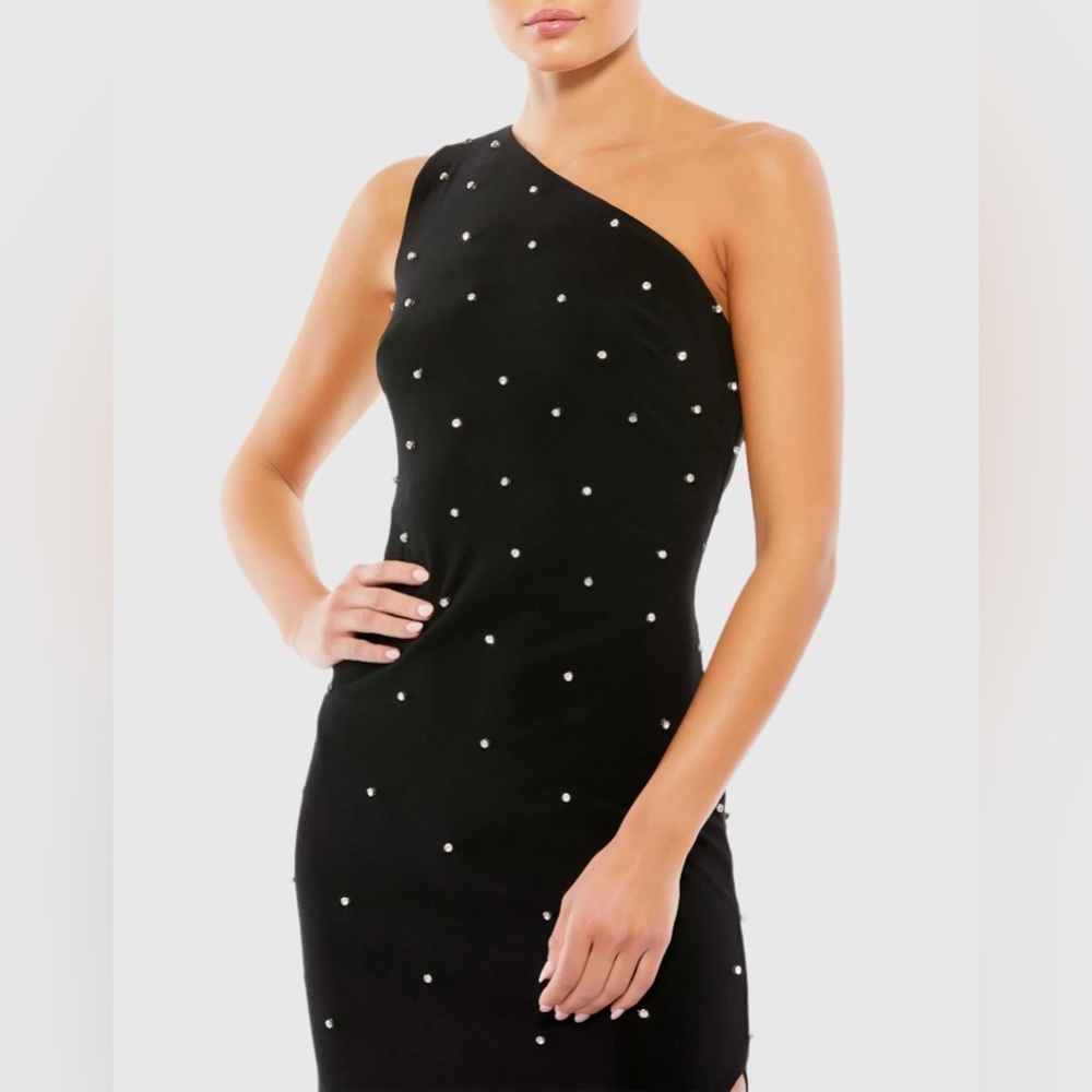 Mac Duggal One-Shoulder Black Dress with Pearl Embellishments